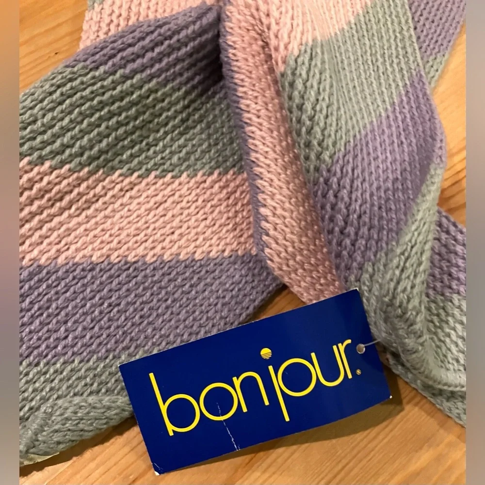 NWT Bonjour Beret Hat & Matching Striped Knit Scarf Set Purple, Pink & Grey
